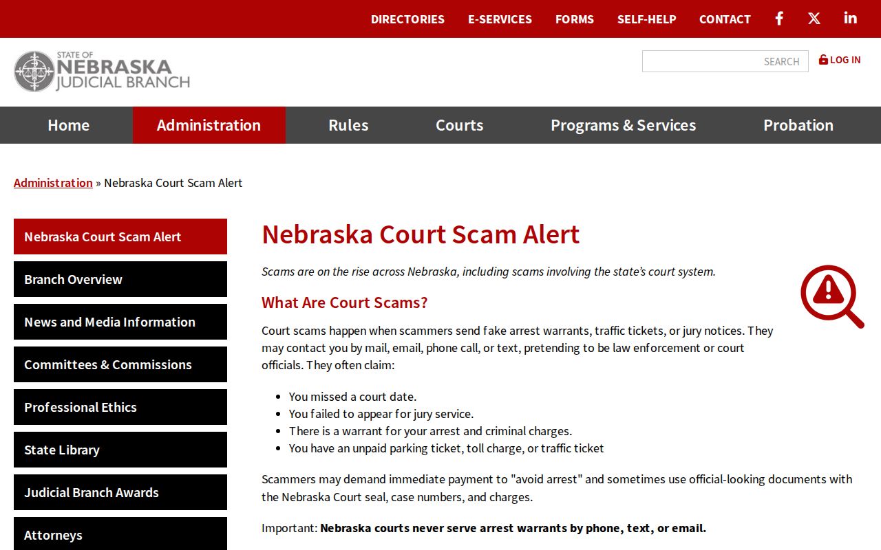 Nebraska court scam warning for Thurston County warrant records